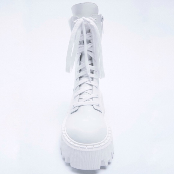 Zara White Lug Sole Lace-Up Leather Ankle Boots Size 37 - Picture 3 of 11